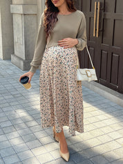 Vestido Gestante e Amamentação Midi Manga Longa Verde com Saia Floral - Verde floral