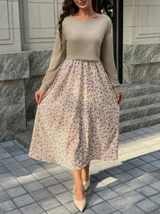 Vestido Gestante e Amamentação Midi Manga Longa Verde com Saia Floral - Verde floral
