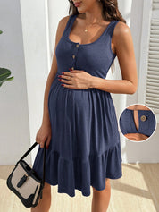 Vestido Gestante e Amamentação Regata com Botões e Barra em Camadas - Azul