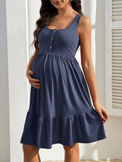 Vestido Gestante e Amamentação Regata com Botões e Barra em Camadas - Azul
