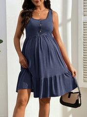 Vestido Gestante e Amamentação Regata com Botões e Barra em Camadas - Azul