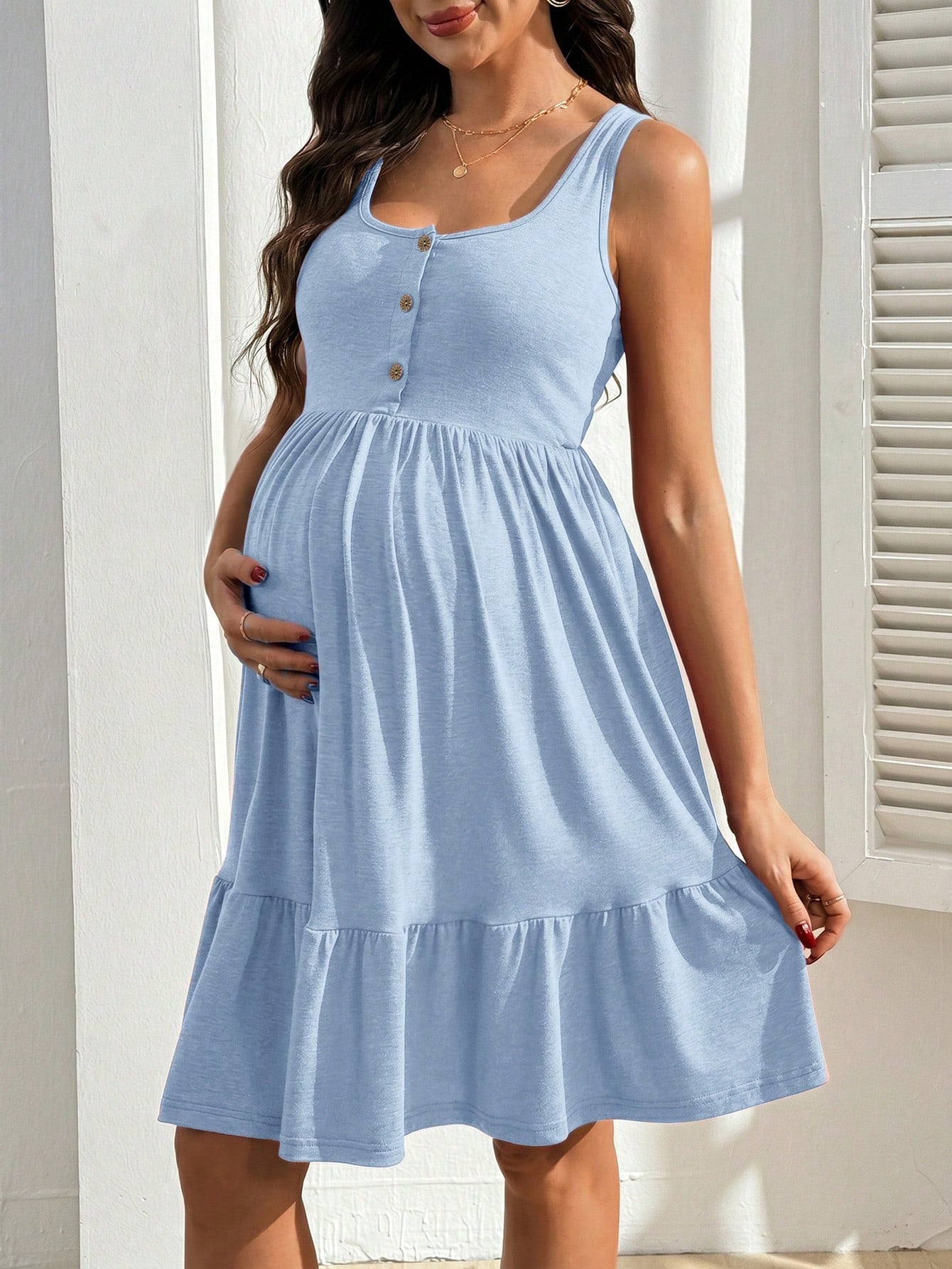 Vestido Gestante e Amamentação Regata com Botões e Barra em Camadas - Azul claro