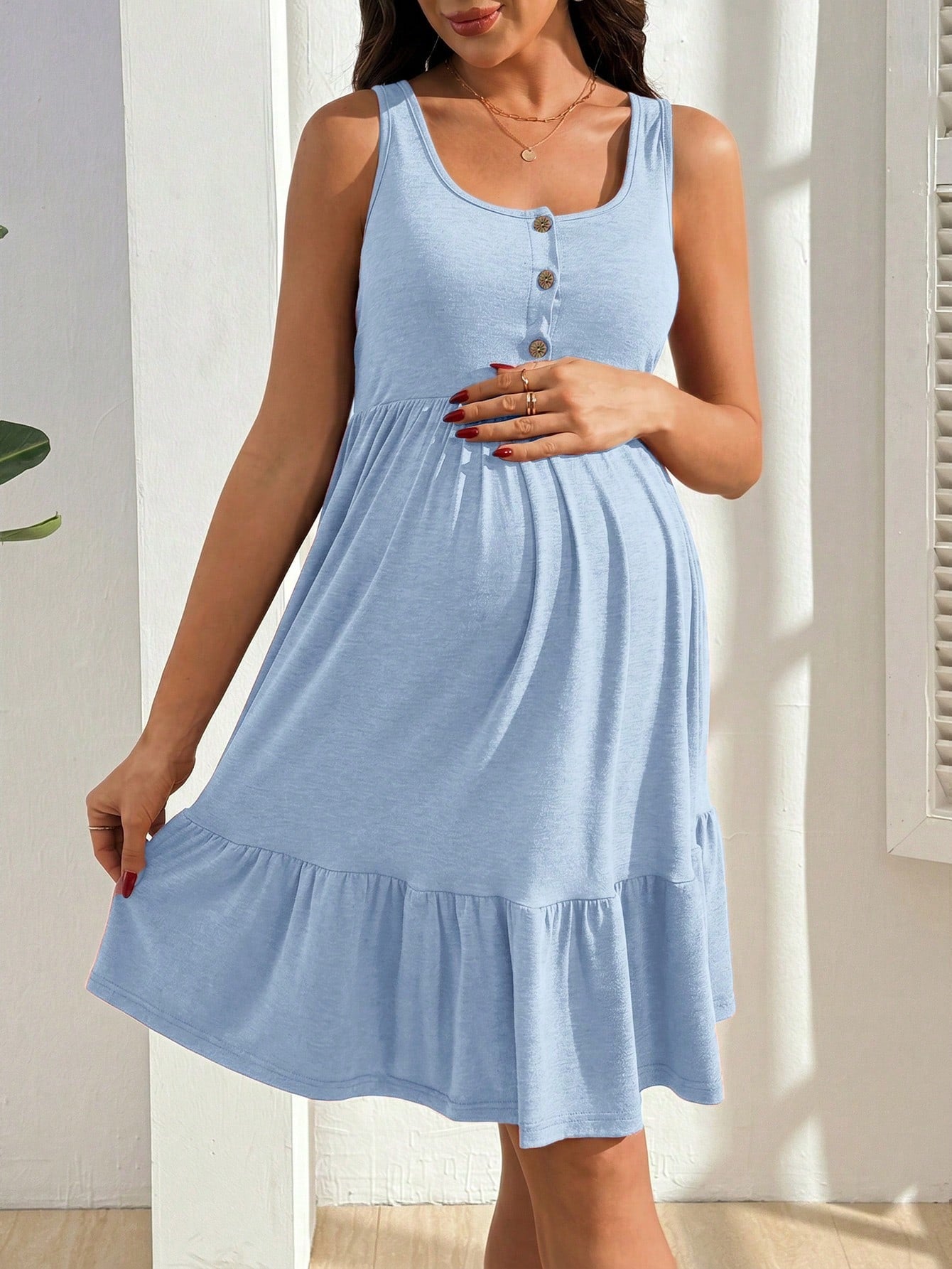 Vestido Gestante e Amamentação Regata com Botões e Barra em Camadas - Azul claro