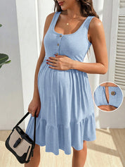 Vestido Gestante e Amamentação Regata com Botões e Barra em Camadas - Azul claro