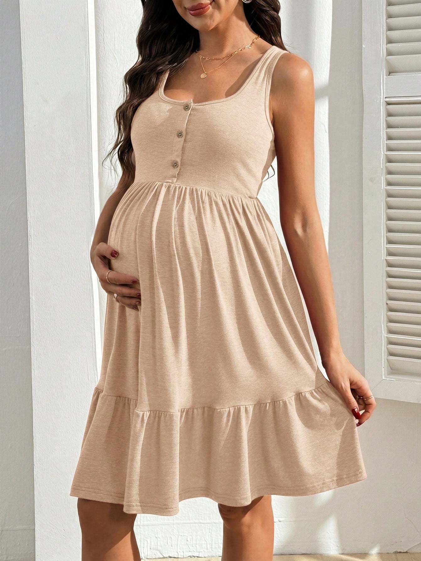 Vestido Gestante e Amamentação Regata com Botões e Barra em Camadas - Bege