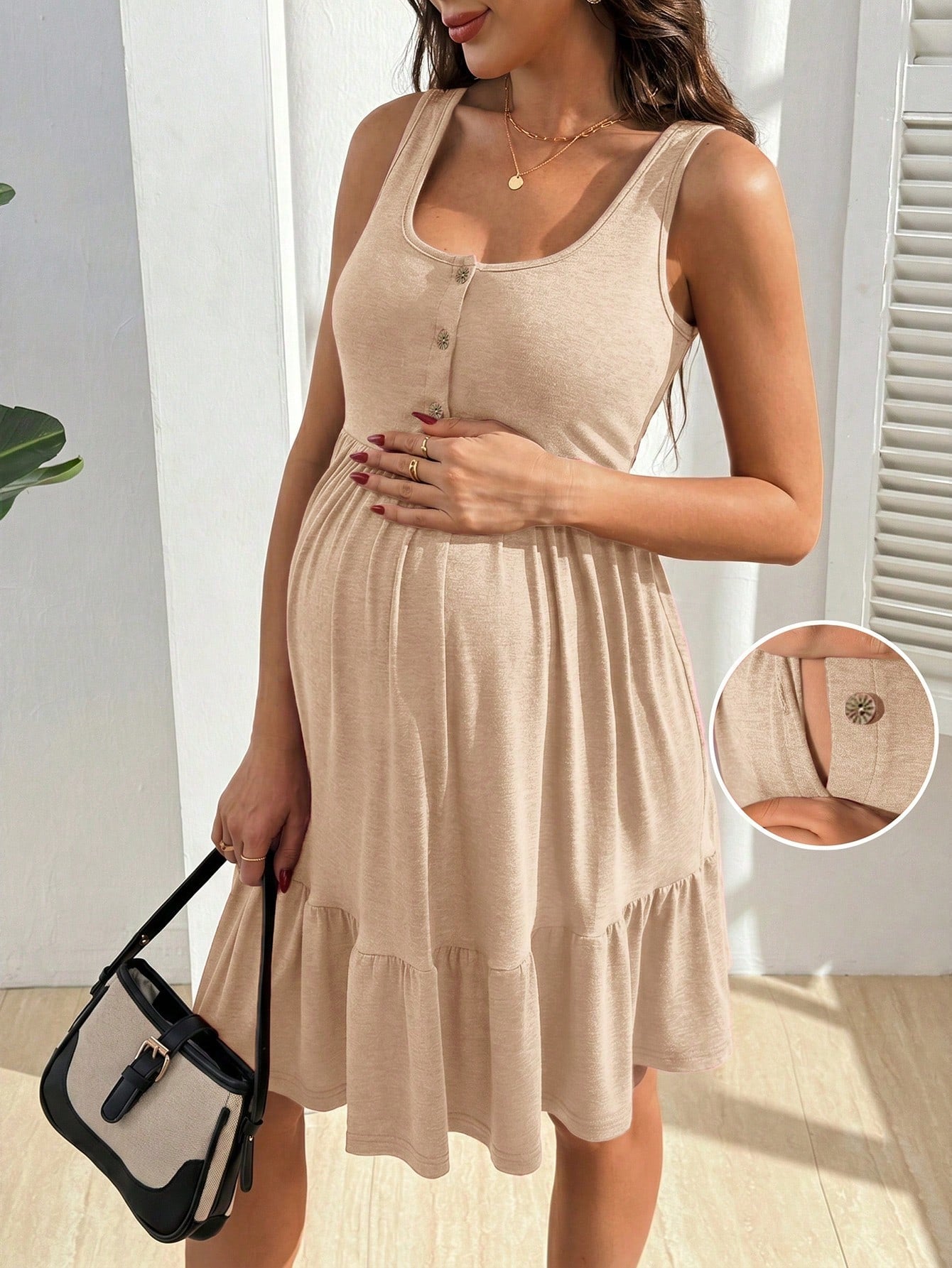 Vestido Gestante e Amamentação Regata com Botões e Barra em Camadas - Bege
