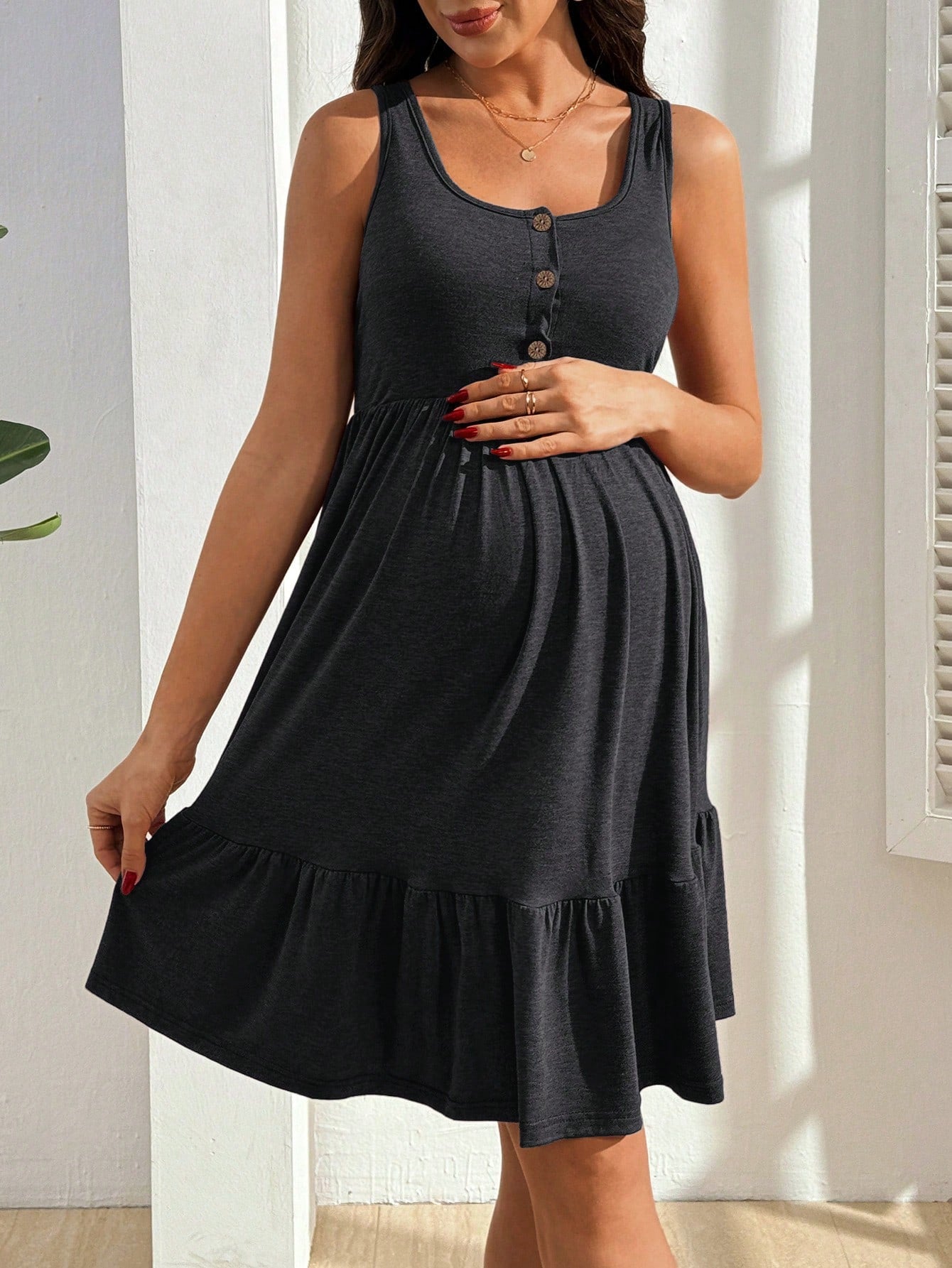 Vestido Gestante e Amamentação Regata com Botões e Barra em Camadas - Cinza chumbo