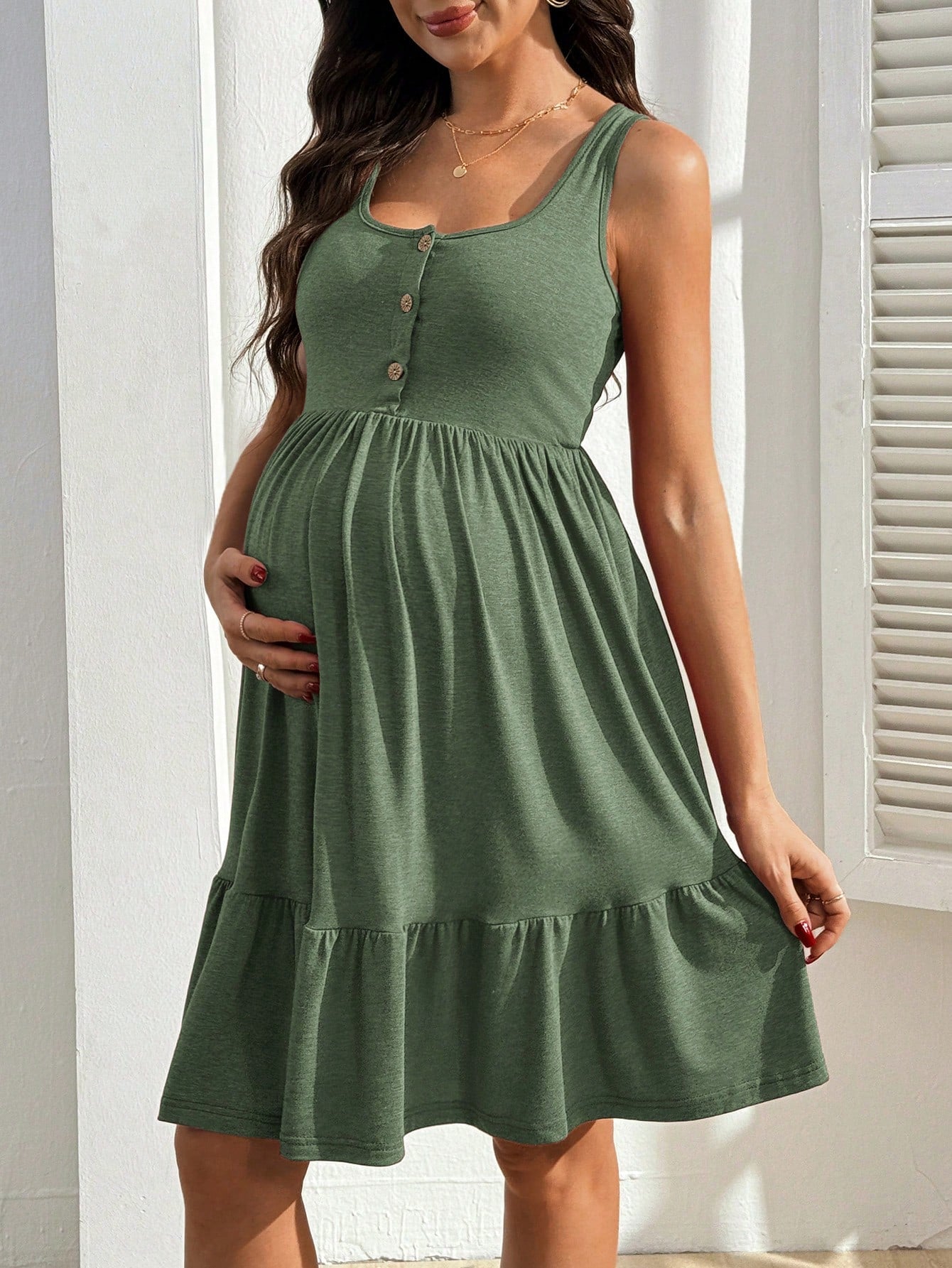 Vestido Gestante e Amamentação Regata com Botões e Barra em Camadas - Verde