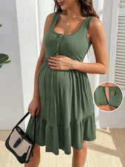 Vestido Gestante e Amamentação Regata com Botões e Barra em Camadas - Verde