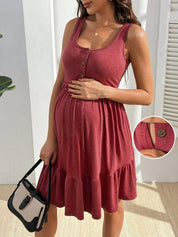 Vestido Gestante e Amamentação Regata com Botões e Barra em Camadas - Vermelho