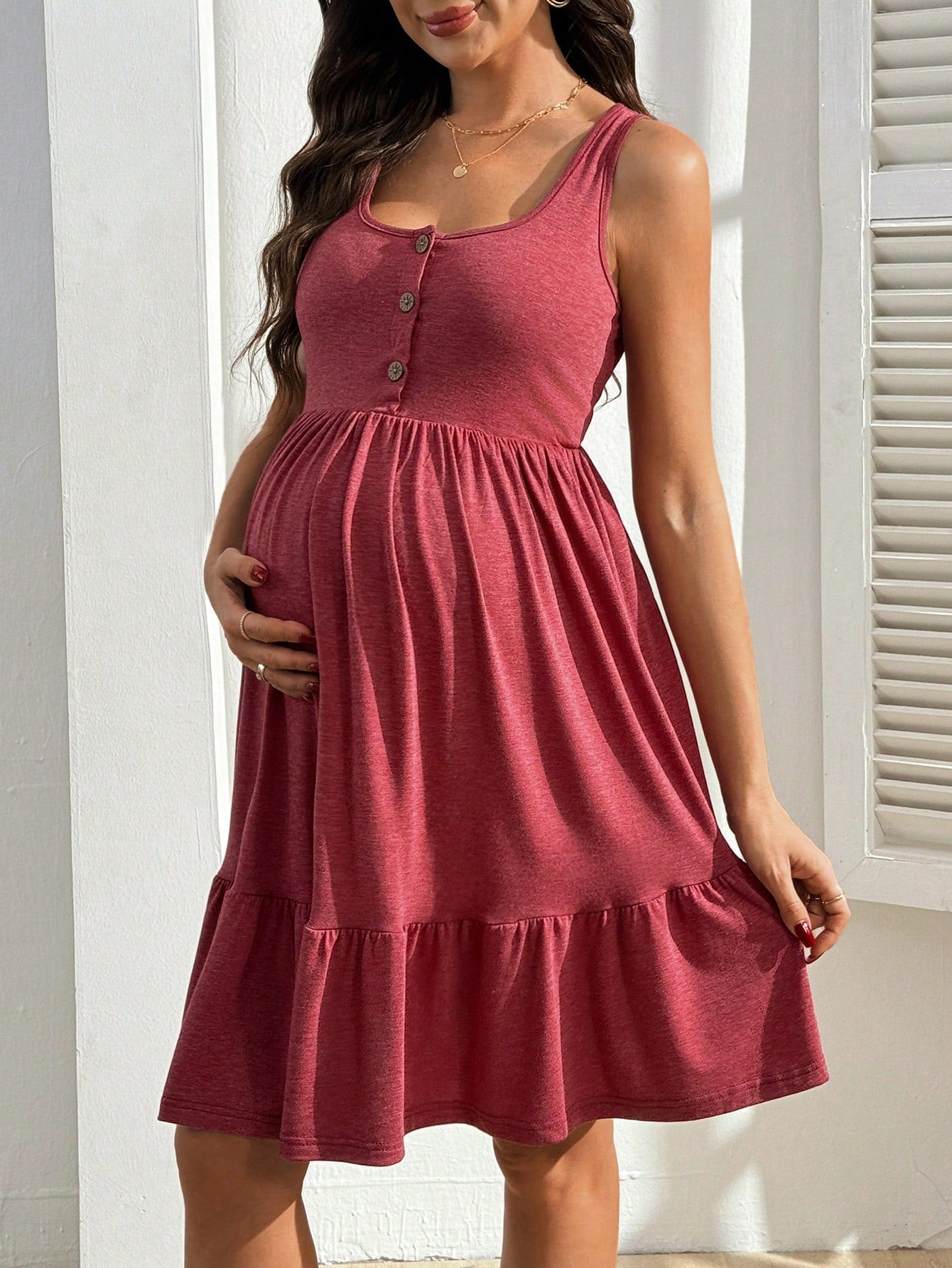 Vestido Gestante e Amamentação Regata com Botões e Barra em Camadas - Vermelho