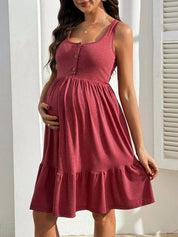 Vestido Gestante e Amamentação Regata com Botões e Barra em Camadas - Vermelho