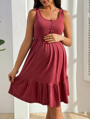 Vestido Gestante e Amamentação Regata com Botões e Barra em Camadas - Vermelho