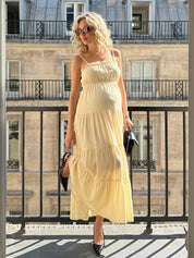 Vestido Gestante Longo Amarelo Claro com Busto Franzido e Alças Finas - Amarelo claro