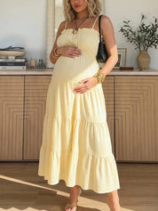 Vestido Gestante Longo Amarelo Claro com Busto Franzido e Alças Finas - Amarelo claro