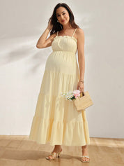 Vestido Gestante Longo Amarelo Claro com Busto Franzido e Alças Finas - Amarelo claro