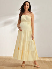 Vestido Gestante Longo Amarelo Claro com Busto Franzido e Alças Finas - Amarelo claro
