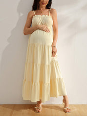 Vestido Gestante Longo Amarelo Claro com Busto Franzido e Alças Finas - Amarelo claro