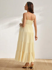 Vestido Gestante Longo Amarelo Claro com Busto Franzido e Alças Finas - Amarelo claro