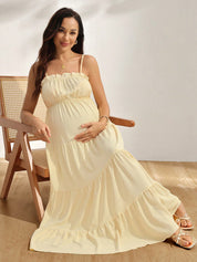Vestido Gestante Longo Amarelo Claro com Busto Franzido e Alças Finas - Amarelo claro