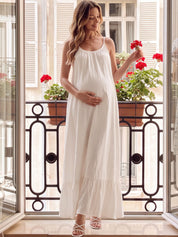 Vestido Gestante Longo de Alças com Costas Abertas e Barra com Babado - Off white
