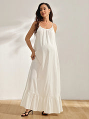 Vestido Gestante Longo de Alças com Costas Abertas e Barra com Babado - Off white