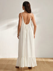 Vestido Gestante Longo de Alças com Costas Abertas e Barra com Babado - Off white