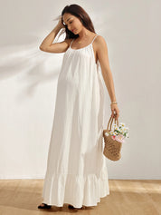 Vestido Gestante Longo de Alças com Costas Abertas e Barra com Babado - Off white