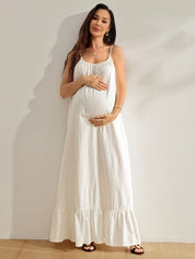Vestido Gestante Longo de Alças com Costas Abertas e Barra com Babado - Off white