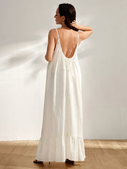Vestido Gestante Longo de Alças com Costas Abertas e Barra com Babado - Off white