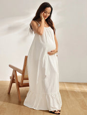 Vestido Gestante Longo de Alças com Costas Abertas e Barra com Babado - Off white