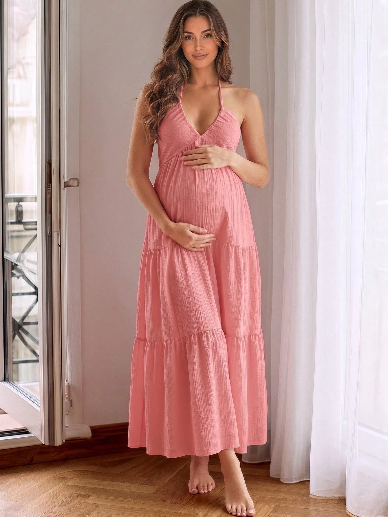 Vestido Gestante Longo de Alças com Decote V Profundo e Saia em Camadas - Rosa