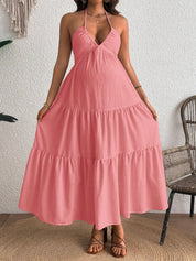 Vestido Gestante Longo de Alças com Decote V Profundo e Saia em Camadas - Rosa