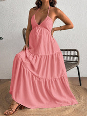 Vestido Gestante Longo de Alças com Decote V Profundo e Saia em Camadas - Rosa