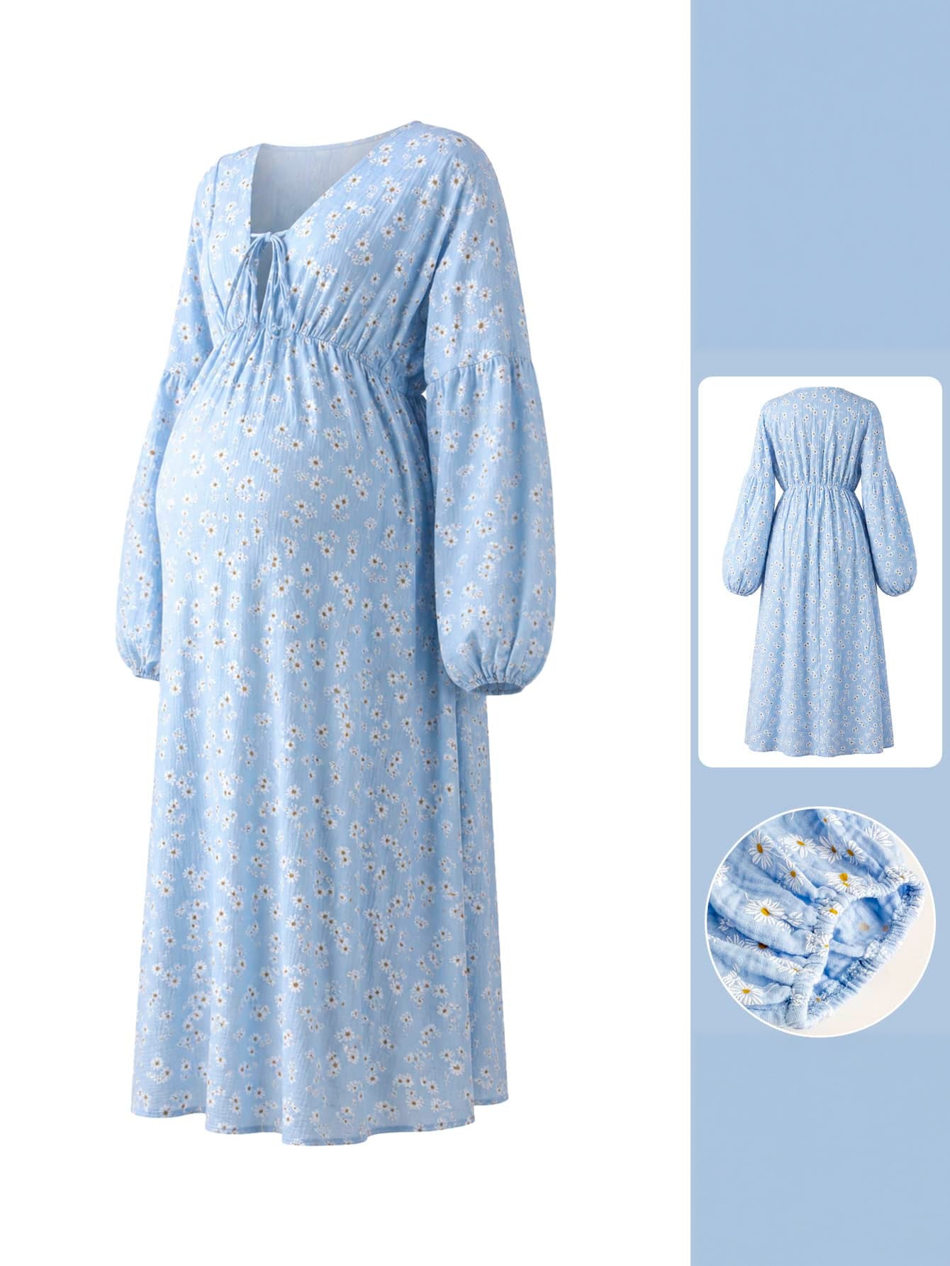 Vestido gestante longo floral azul claro com detalhes da parte traseira e do punho