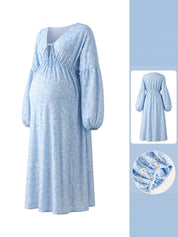 Vestido gestante longo floral azul claro com detalhes da parte traseira e do punho