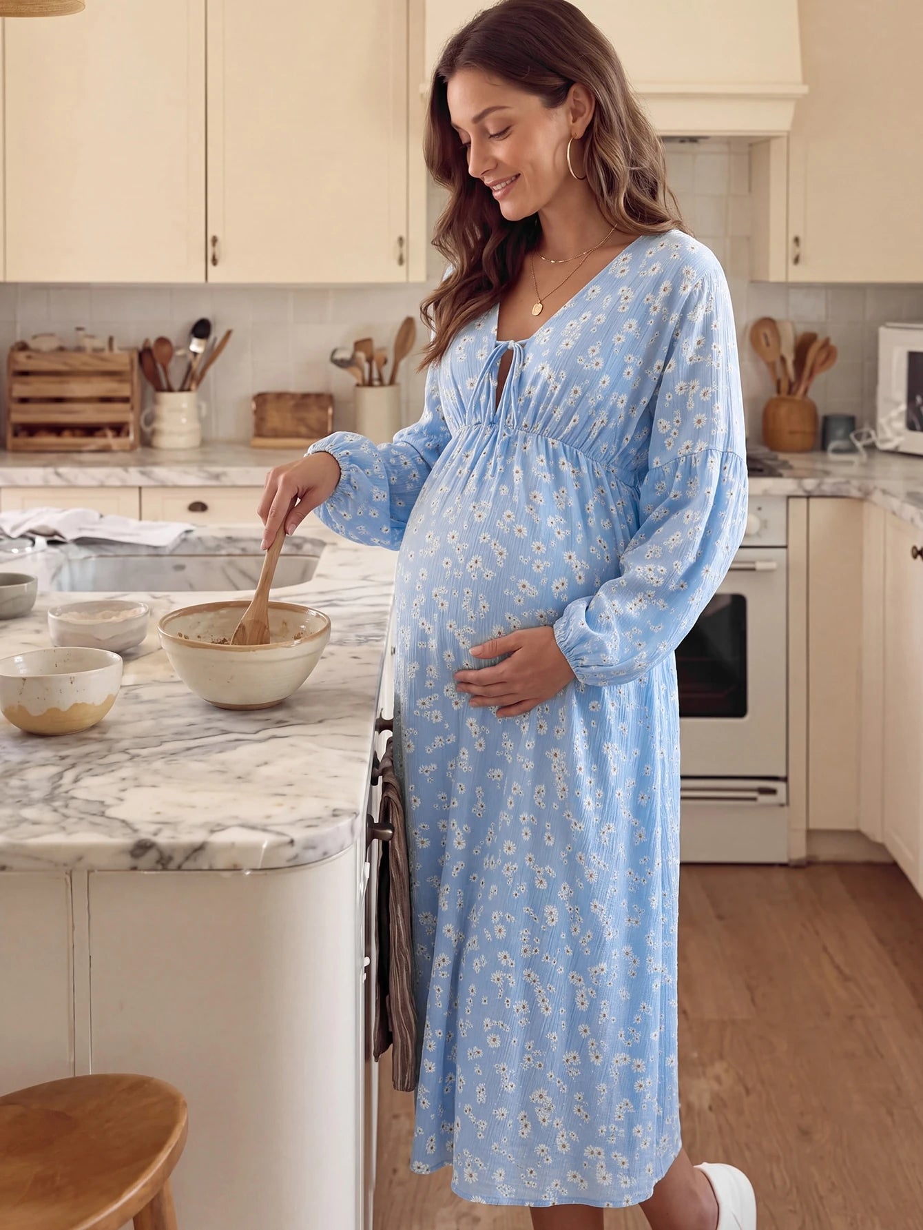 Vestido Gestante Longo Floral de Algodão com Decote V e Manga Bufante - Azul claro floral
