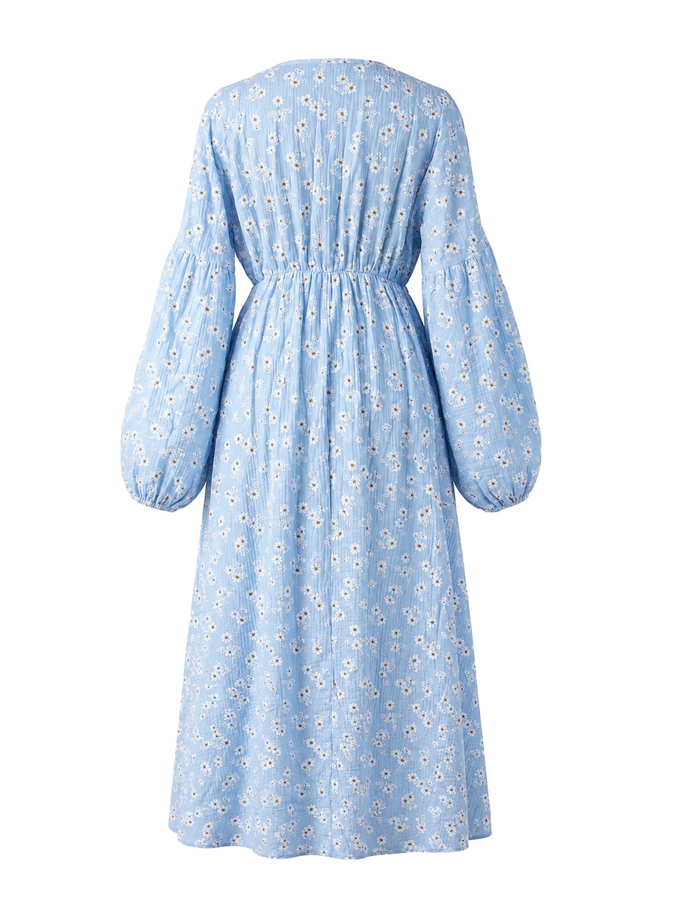 Vestido Gestante Longo Floral de Algodão com Decote V e Manga Bufante - Azul claro floral