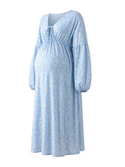Vestido Gestante Longo Floral de Algodão com Decote V e Manga Bufante - Azul claro floral