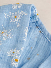 Vestido Gestante Longo Floral de Algodão com Decote V e Manga Bufante - Azul claro floral