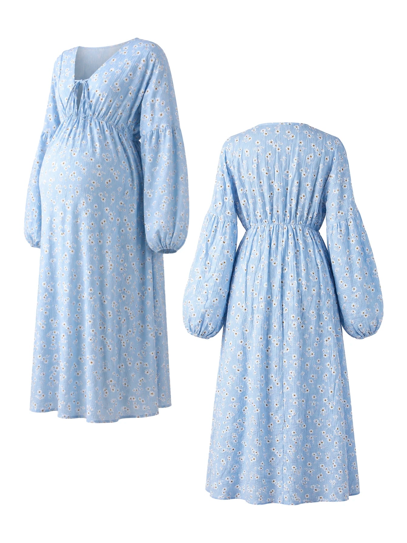 Vestido Gestante Longo Floral de Algodão com Decote V e Manga Bufante - Azul claro floral