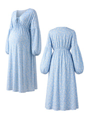 Vestido Gestante Longo Floral de Algodão com Decote V e Manga Bufante - Azul claro floral