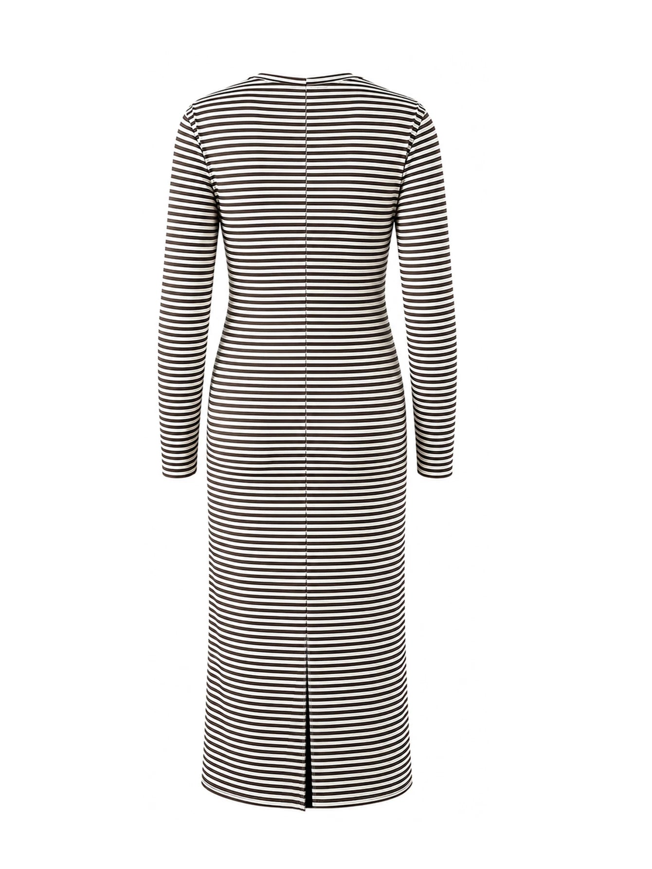 Vestido Gestante Midi Listrado Manga Longa com Amarração Lateral - Café e branco