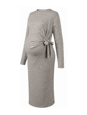 Vestido Gestante Midi Listrado Manga Longa com Amarração Lateral - Café e branco