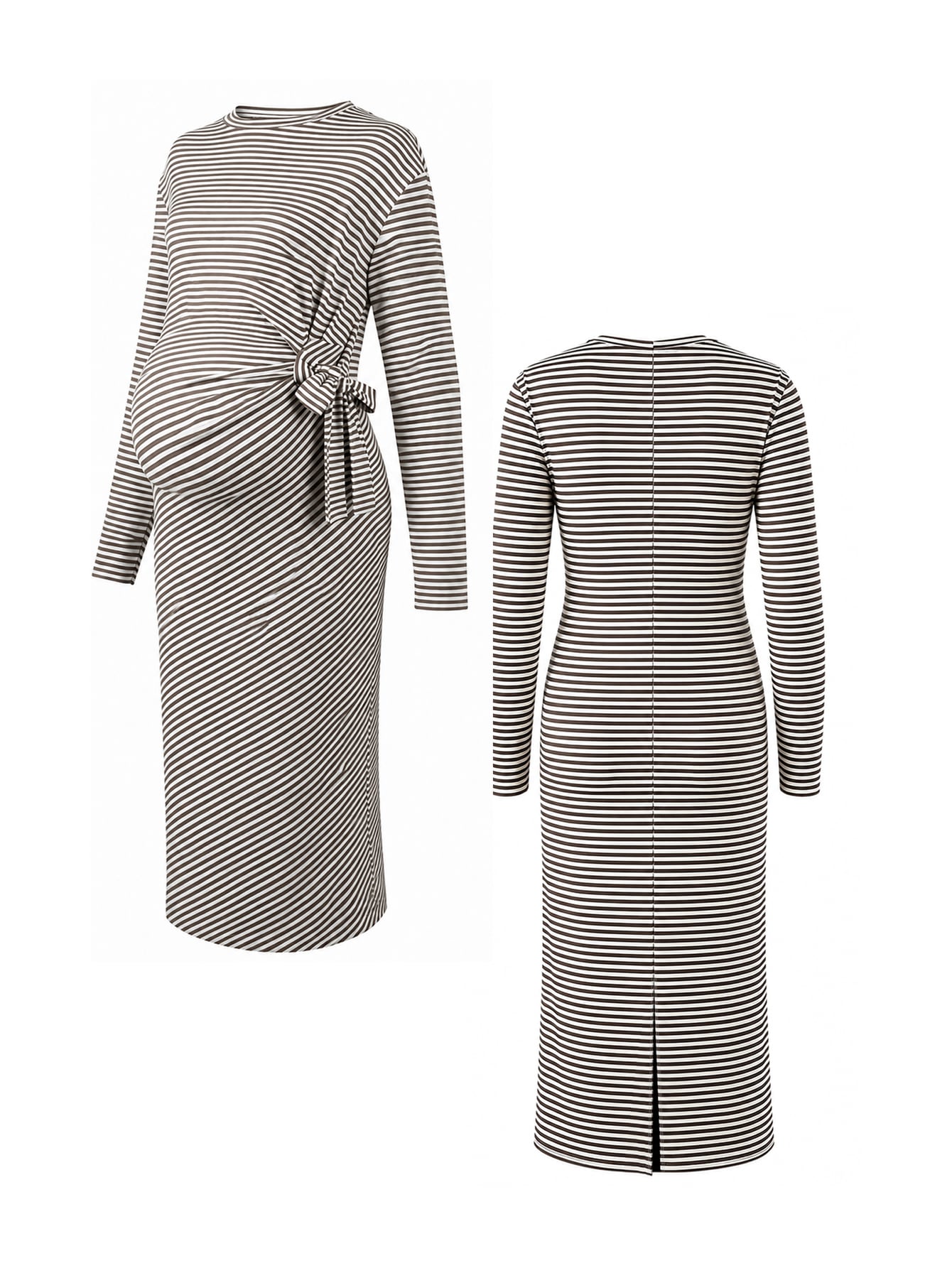 Vestido Gestante Midi Listrado Manga Longa com Amarração Lateral - Café e branco