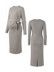 Vestido Gestante Midi Listrado Manga Longa com Amarração Lateral - Café e branco