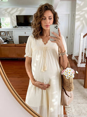 Vestido Gestante Midi Manga Bufante com Decote V, Amarração e Renda - Off-white