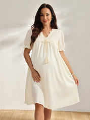 Vestido Gestante Midi Manga Bufante com Decote V, Amarração e Renda - Off-white