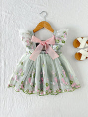 Vestido Infantil Bebê Menina Tule Bordado Floral Manga Borboleta Laço 001 Vestido Menina 05 Kabannas Verde e rosa 3-6 Meses 