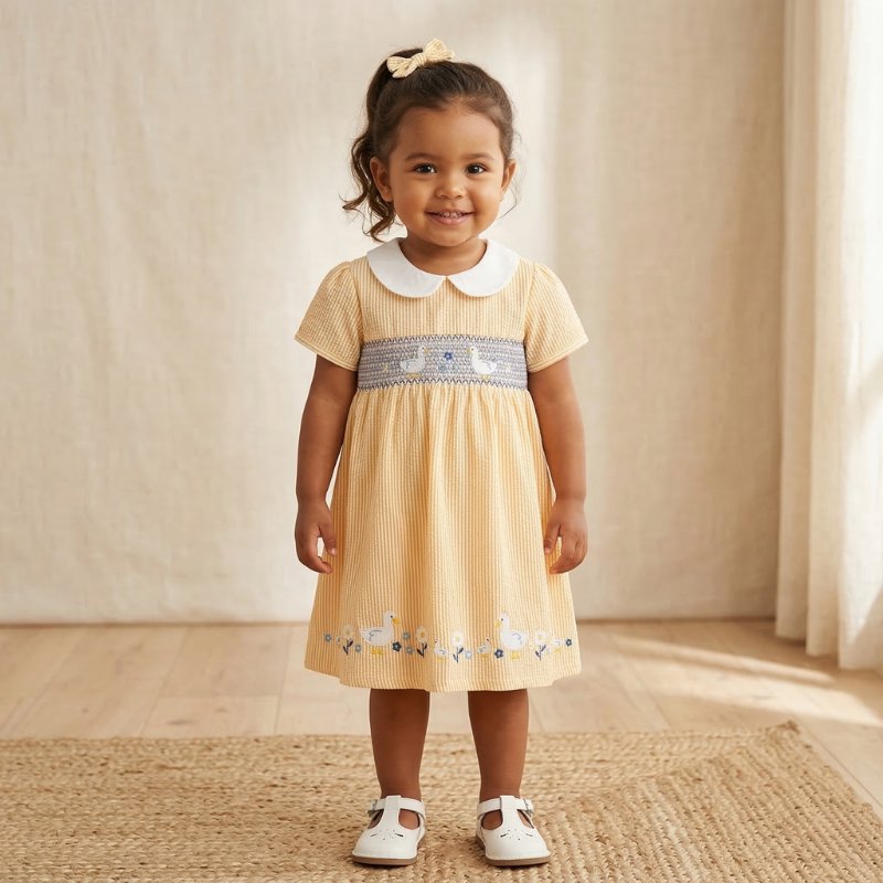 Vestido Infantil Bordado de Patinhos com Gola Peter Pan Moda Vintage Infantil 65 Kabannas Amarelo 2 Anos 